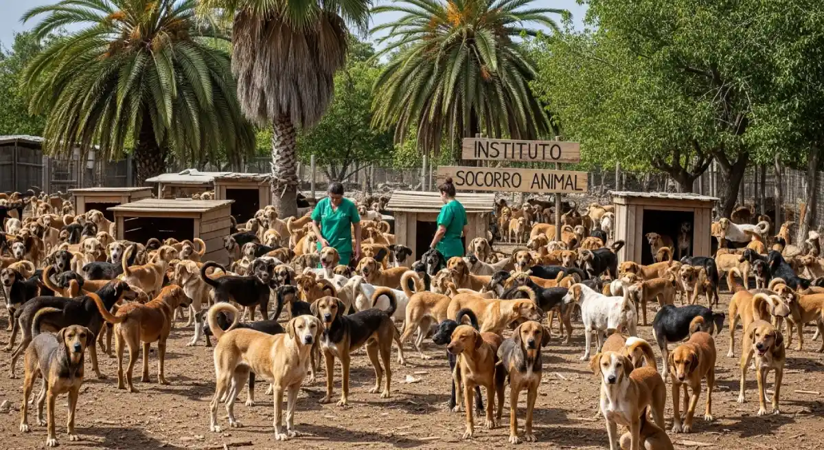 Animais e cuidadores na chácara do Instituto Socorro Animal